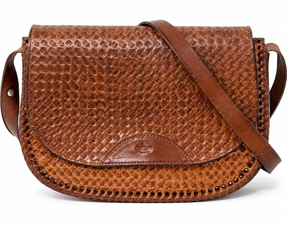 Vintage Handmade Embossed Brown Leather Saddle Crossbody Bag Boho Western